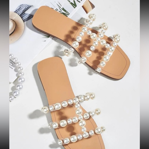 Shoes - Faux Pearl Decor Slide Sandals
